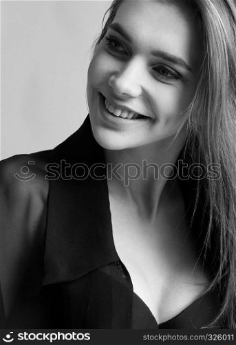 Portrait of beautiful woman girl with smile black and white