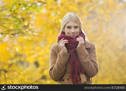 Portrait of beautiful woman holding muffler around neck in park during autumn