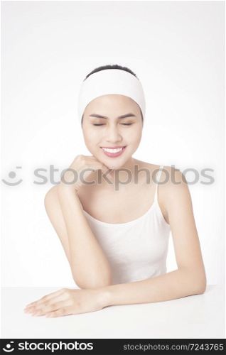 Portrait of beautiful woman in studio, skin care
