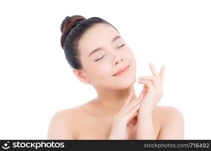 Portrait of beautiful woman makeup of cosmetic, girl hand touch and smile attractive, face of beauty perfect with wellness isolated on white background with skin healthcare concept.