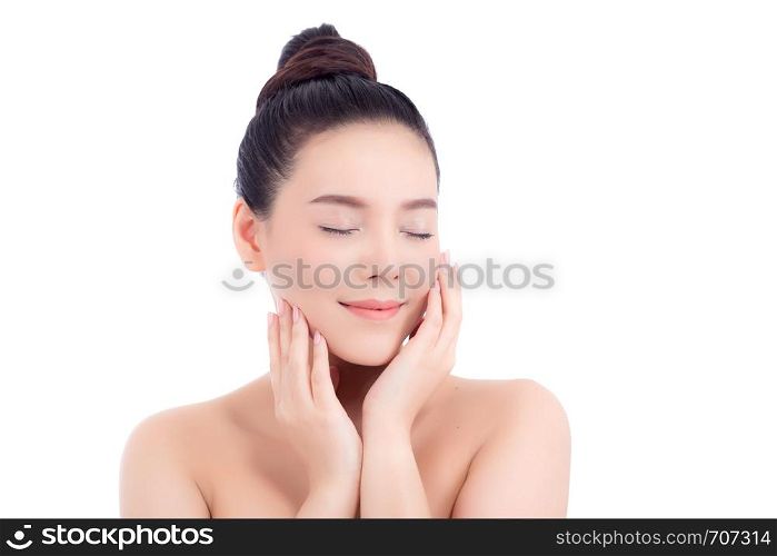 Portrait of beautiful woman makeup of cosmetic, girl hand touch cheek and smile attractive, face of beauty perfect with wellness isolated on white background with skin healthcare concept.