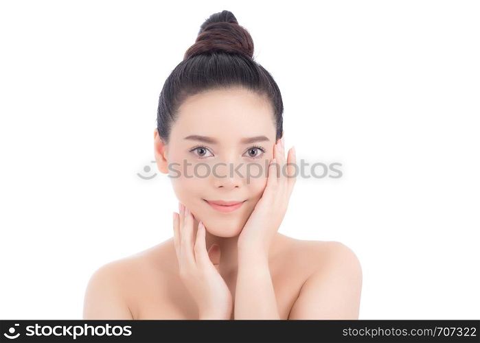 Portrait of beautiful woman makeup of cosmetic, girl hand touch cheek and smile attractive, face of beauty perfect with wellness isolated on white background with skin healthcare concept.