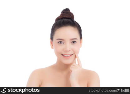 Portrait of beautiful woman makeup of cosmetic, girl hand touch cheek and smile attractive, face of beauty perfect with wellness isolated on white background with skin healthcare concept.