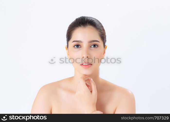 Portrait of beautiful woman makeup of cosmetic, girl hand touch chin and smile attractive, face of beauty perfect with wellness isolated on white background with skin healthcare concept.