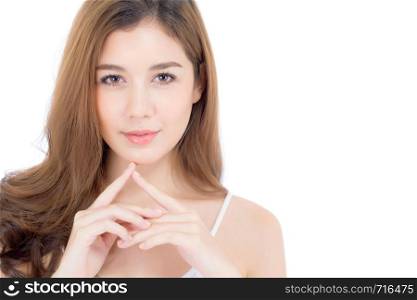 Portrait of beautiful woman makeup of cosmetic, girl hand touch chin and smile attractive, face of beauty perfect with wellness isolated on white background with skin healthcare concept.
