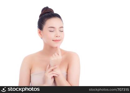 Portrait of beautiful woman makeup of cosmetic, girl hand touch mouth and smile attractive, face of beauty perfect with wellness isolated on white background with skin healthcare concept.