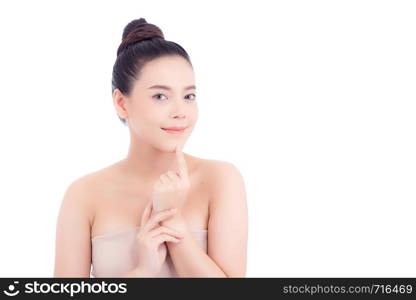 Portrait of beautiful woman makeup of cosmetic, girl hand touch mouth and smile attractive, face of beauty perfect with wellness isolated on white background with skin healthcare concept.