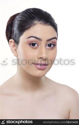 Portrait of beautiful woman over white background