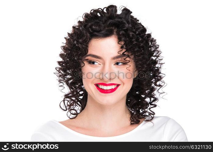 Portrait of beautiful woman. Portrait of amazing beautiful smiling woman with curly hair isolated on white background