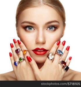 Portrait of beautiful woman with jewelry. Manicure and makeup. Perfect skin. Fashion beauty. Ring. Blonde girl. Close up