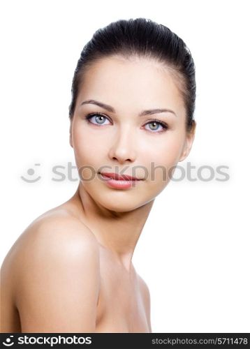 Portrait of beautiful woman with pretty face with clean skin on it - white background