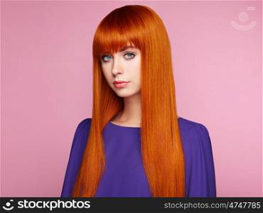 Portrait of beautiful woman with red hair. Colored long haircut. Perfect make-up. Girl in elegant violet dress. Red wig. Fashion photo
