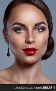 Portrait of beautiful woman with red sexy lips isolated