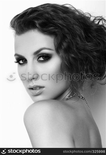 Portrait of beautiful women with makeup and hairstyle black and white on white background.Fashion portrait.Headshot.Classic portrait
