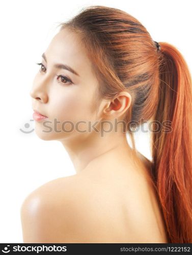 Portrait of beautiful young asian woman with clean face isolated on white background