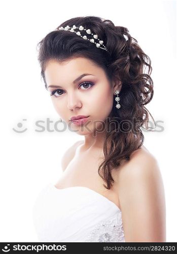 Portrait of beautiful young bride - isolated on white background