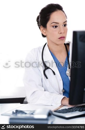 Portrait of beautiful young doctor working in white background
