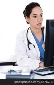 Portrait of beautiful young doctor working in white background