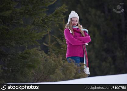 portrait of beautiful young redhair woman in snow scenery with warm hat