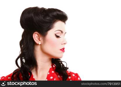 Portrait of beautiful young sexy pin-up girl with sparkly make-up and vintage hairstyle profile isolated
