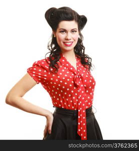 Portrait of beautiful young woman. Girl with pinup makeup and hairstyle isolated on white. Studio shot. Retro style.