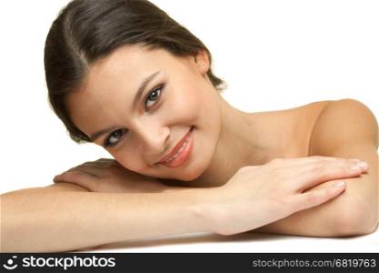 Portrait of Beautiful Young Woman Naked with Long Hair on the White Background.