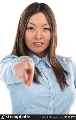 Portrait of beautiful young woman pointing at you with one hand isolated on white background