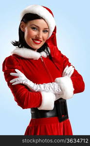 Portrait of beautiful young woman wearing santa claus clothes