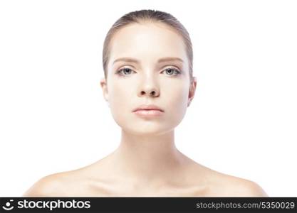 portrait of beautiful young woman with clean skin isolated on white background&#xA;