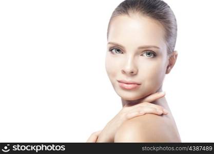 portrait of beautiful young woman with clean skin isolated on white background&#xA; and copyspace