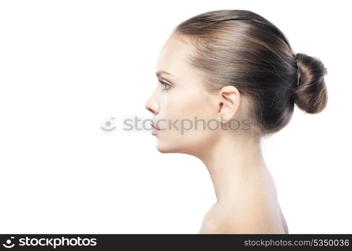 portrait of beautiful young woman with clean skin isolated on white background&#xA; with copyspace