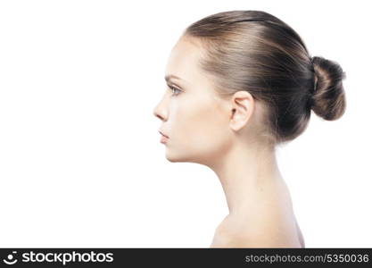 portrait of beautiful young woman with clean skin isolated on white background&#xA; with copyspace