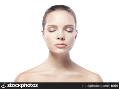 portrait of beautiful young woman with closed eyes isolated on white background&#xA;
