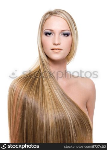 portrait of beautiful young woman with long straight blond hair