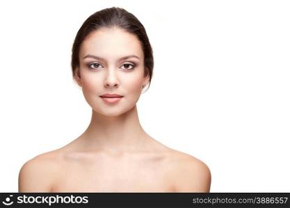 Portrait of Beautiful Young Woman with Perfect Skin on the White Background. Head and Shoulders