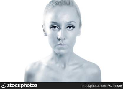 Portrait of beautiful young woman with shiny blue makeup on white background