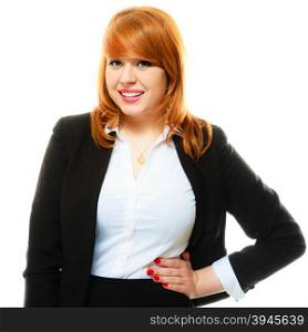 Portrait of beauty redhair smiling business woman or student girl. Isolated on white background
