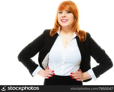 Portrait of beauty redhair smiling business woman or student girl. Isolated on white background