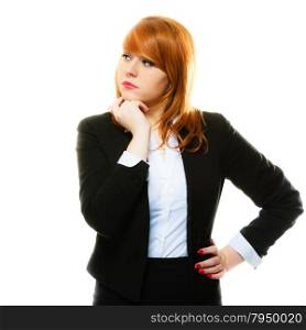 Portrait of beauty redhair thoughtful business woman or student girl looking upwards, isolated on white background