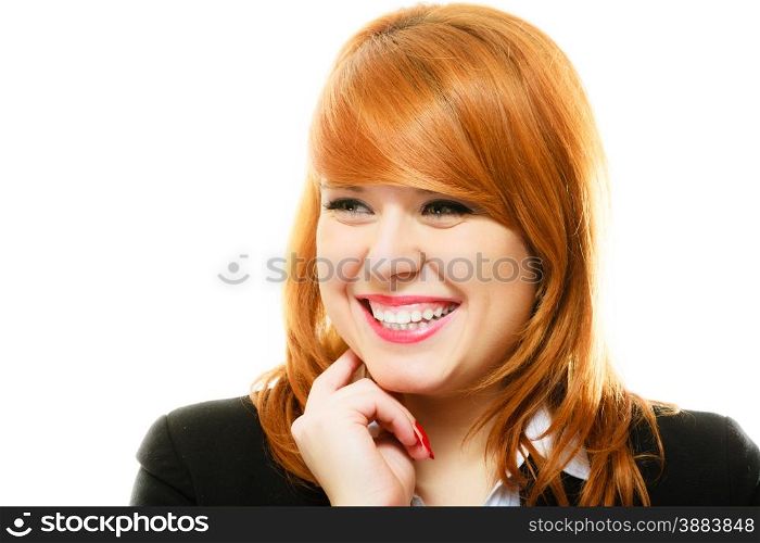 Portrait of beauty redhair toothy smiling business woman or student girl. Isolated on white background