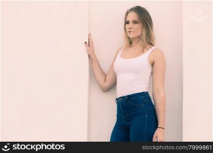 Portrait of beauty woman. Beauty of female. Young cute beautiful woman posing outside. Attractive girl wearing white t-shirt.