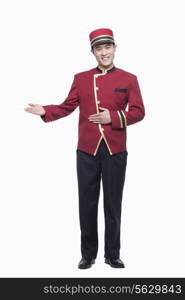 Portrait of Bellhop, Greeting, studio shot