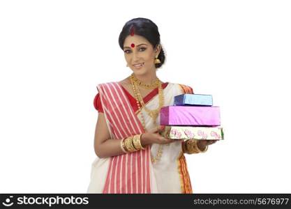 Portrait of Bengali woman with gifts