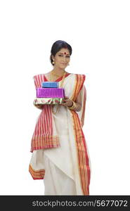 Portrait of Bengali woman with gifts