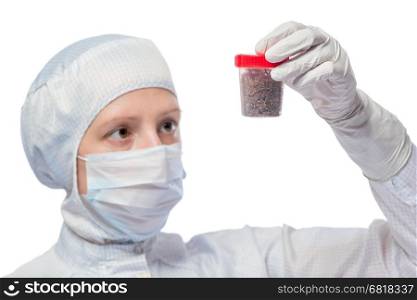 portrait of biologist studying soil samples isolated on white background