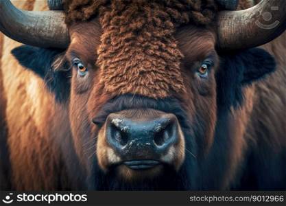 portrait of bison close-up, shouts directly into the camera, generative ai
