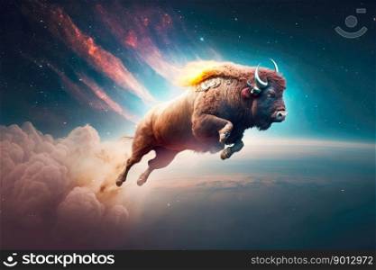 portrait of bison flying in space, generative ai