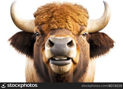 portrait of bison smiling with all his teethon a white background, generative ai