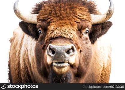 portrait of bison smiling with all his teethon a white background, generative ai