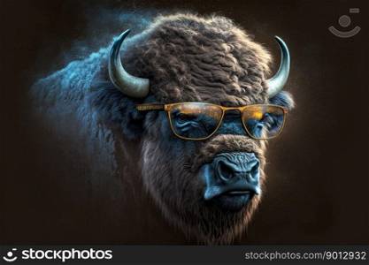 portrait of bison with sunglasses on a dark background, generative ai